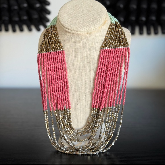 Jewelry - Multi-Strand Blue, Pink and Gold Beaded Statement Necklace